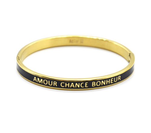 Bracelet-Jonc-Email-Noir-Contour-Acier-Dore-avec-Message-Amour-Chance-Bonheur