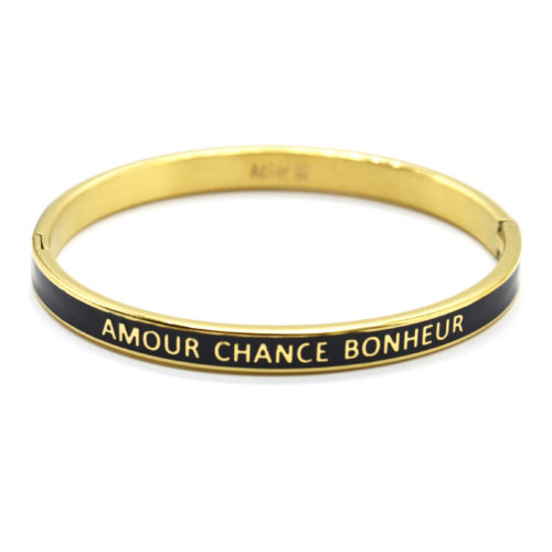 Bracelet-Jonc-Email-Noir-Contour-Acier-Dore-avec-Message-Amour-Chance-Bonheur
