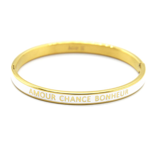 Bracelet-Jonc-Email-Blanc-Contour-Acier-Dore-avec-Message-Amour-Chance-Bonheur