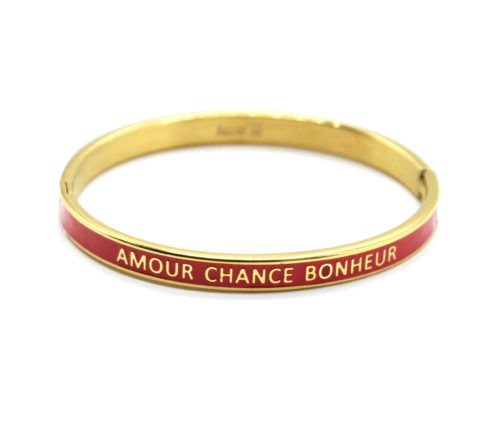 Bracelet-Jonc-Email-Rouge-Contour-Acier-Dore-avec-Message-Amour-Chance-Bonheur