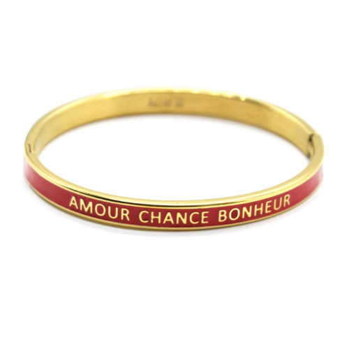 Bracelet-Jonc-Email-Rouge-Contour-Acier-Dore-avec-Message-Amour-Chance-Bonheur