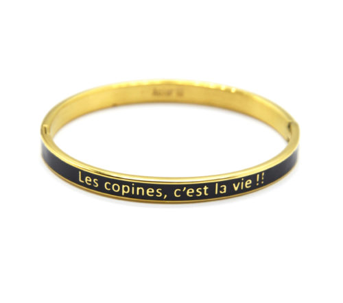 Bracelet-Jonc-Email-Noir-Contour-Acier-Dore-avec-Message-Les-Copines-Cest-La-Vie