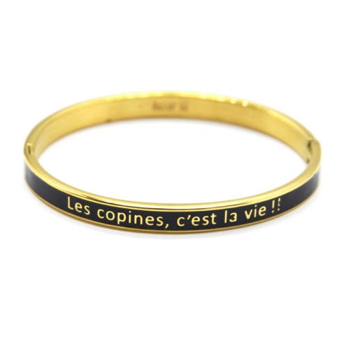 Bracelet-Jonc-Email-Noir-Contour-Acier-Dore-avec-Message-Les-Copines-Cest-La-Vie