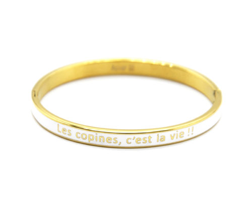 Bracelet-Jonc-Email-Blanc-Contour-Acier-Dore-avec-Message-Les-Copines-Cest-La-Vie