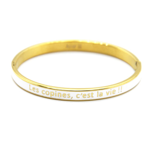 Bracelet-Jonc-Email-Blanc-Contour-Acier-Dore-avec-Message-Les-Copines-Cest-La-Vie