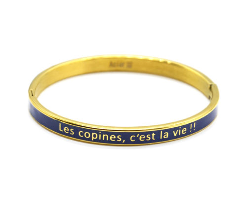Bracelet-Jonc-Email-Bleu-Contour-Acier-Dore-avec-Message-Les-Copines-Cest-La-Vie