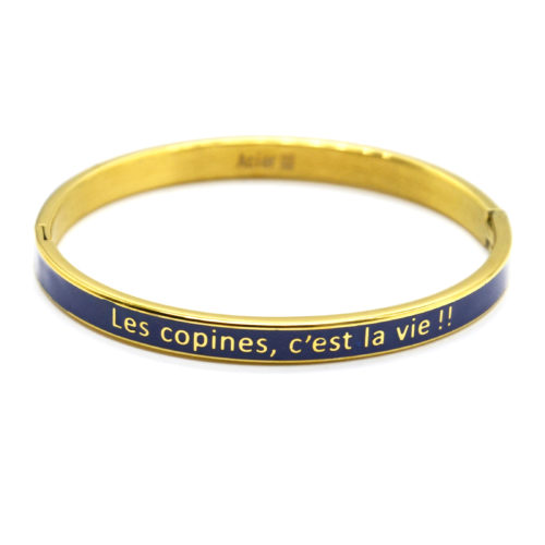 Bracelet-Jonc-Email-Bleu-Contour-Acier-Dore-avec-Message-Les-Copines-Cest-La-Vie