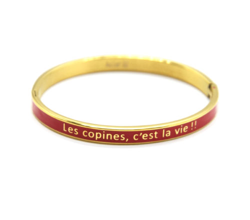 Bracelet-Jonc-Email-Rouge-Contour-Acier-Dore-avec-Message-Les-Copines-Cest-La-Vie