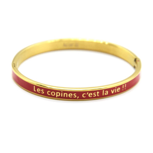 Bracelet-Jonc-Email-Rouge-Contour-Acier-Dore-avec-Message-Les-Copines-Cest-La-Vie