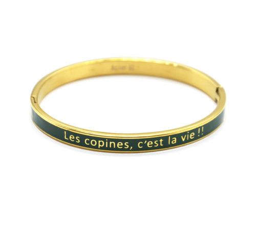 Bracelet-Jonc-Email-Vert-Contour-Acier-Dore-avec-Message-Les-Copines-Cest-La-Vie