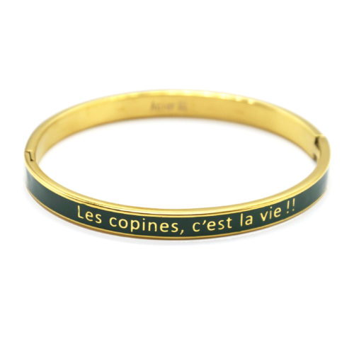 Bracelet-Jonc-Email-Vert-Contour-Acier-Dore-avec-Message-Les-Copines-Cest-La-Vie