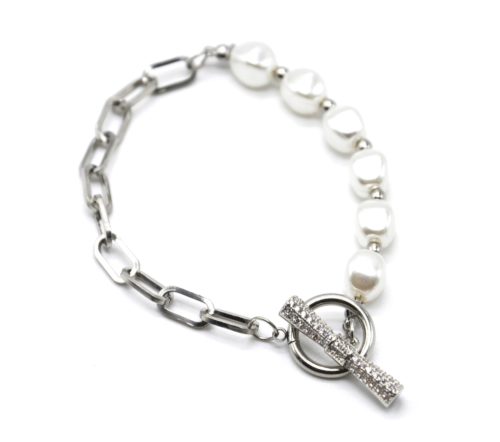 Bracelet-Chaine-Maillons-Perles-Blanches-avec-Cercle-Acier-Argente-et-Barre-Strass