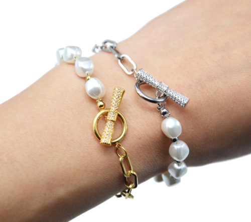Bracelet-Chaine-Maillons-Perles-Blanches-avec-Cercle-Acier-et-Barre-Strass