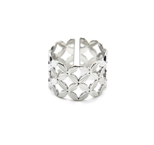 Bague-Large-avec-Double-Rangs-Fleurs-Motif-Rayons-Acier-Argente