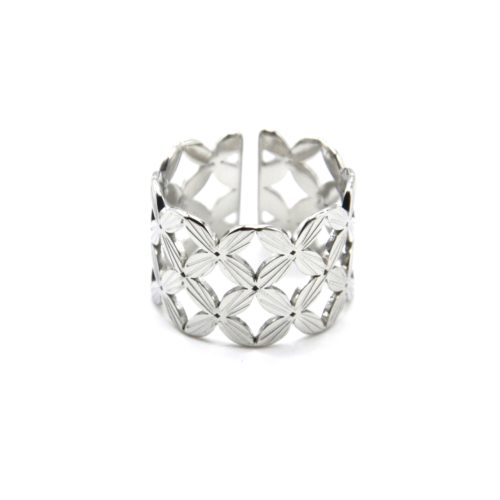 Bague-Large-avec-Double-Rangs-Fleurs-Motif-Rayons-Acier-Argente