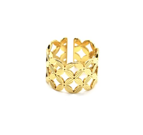 Bague-Large-avec-Double-Rangs-Fleurs-Motif-Rayons-Acier-Dore