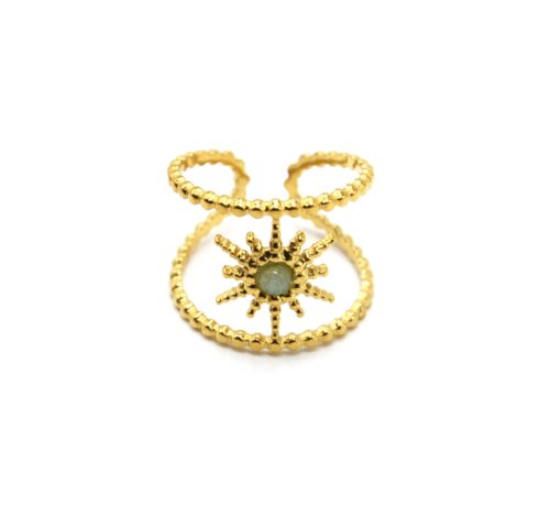 Bague-Large-Double-Anneaux-Soleil-Billes-Acier-Dore-et-Pierre-Verte