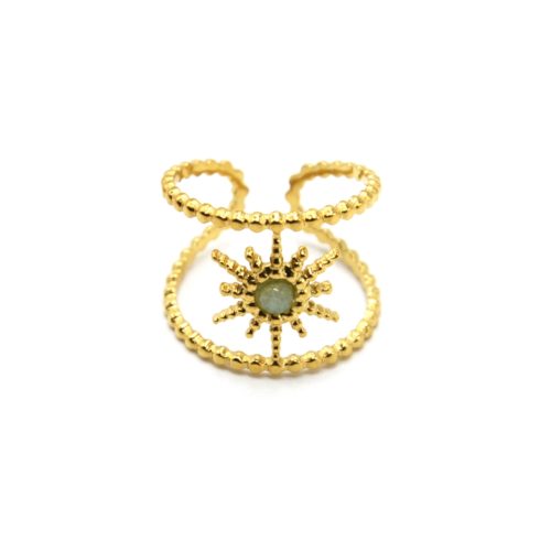 Bague-Large-Double-Anneaux-Soleil-Billes-Acier-Dore-et-Pierre-Verte