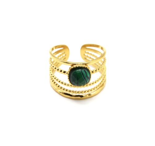 Bague-Large-Multi-Rangs-Billes-avec-Pierre-Carree-Verte-Contour-Acier-Dore