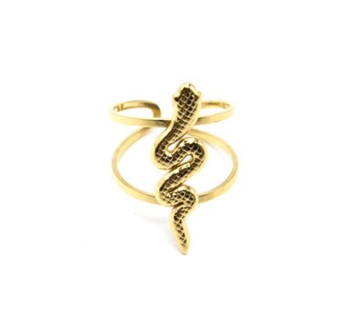 Bague-Large-Double-Rangs-avec-Serpent-Relief-Acier-Dore