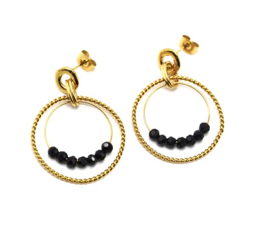 Boucles-dOreilles-Anneau-Torsade-Acier-Dore-et-Cercle-Pierres-Noires