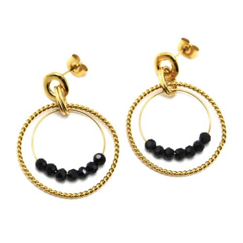 Boucles-dOreilles-Anneau-Torsade-Acier-Dore-et-Cercle-Pierres-Noires