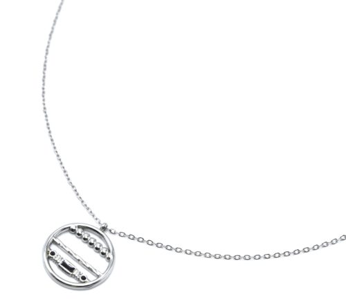 Collier-Chaine-Pendentif-Cercle-Billes-Acier-Argente-et-Rectangle-Email-Noir