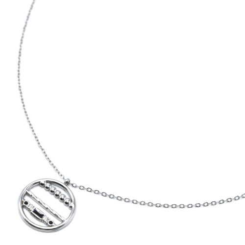 Collier-Chaine-Pendentif-Cercle-Billes-Acier-Argente-et-Rectangle-Email-Noir