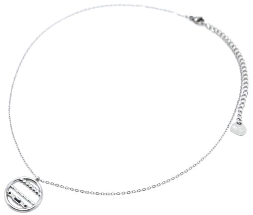 Collier-Chaine-Pendentif-Cercle-Billes-Acier-Argente-et-Rectangle-Email-Noir