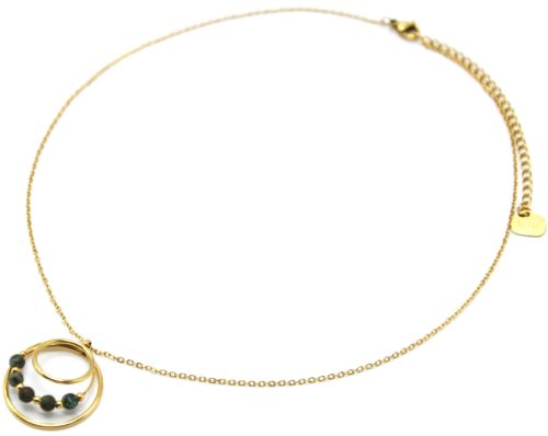 Collier-Chaine-Pendentif-Triple-Cercles-Contour-Acier-Dore-et-Pierres-Vertes