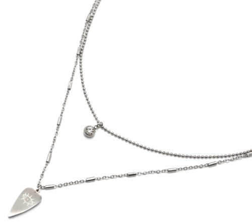 Collier-Double-Chaines-Billes-avec-Pierre-et-Pampille-Motif-Oeil-Acier-Argente