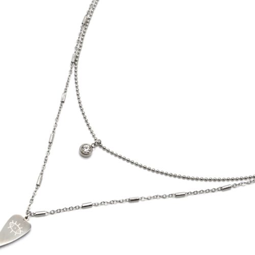 Collier-Double-Chaines-Billes-avec-Pierre-et-Pampille-Motif-Oeil-Acier-Argente