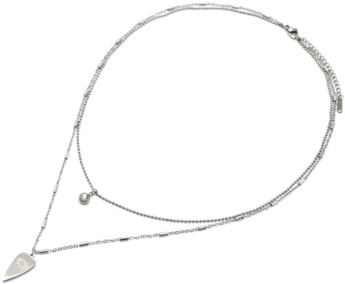 Collier-Double-Chaines-Billes-avec-Pierre-et-Pampille-Motif-Oeil-Acier-Argente