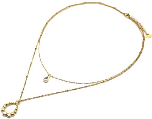 Collier-Double-Chaines-avec-Pierre-Blanche-et-Goutte-Contour-Billes-Acier-Dore