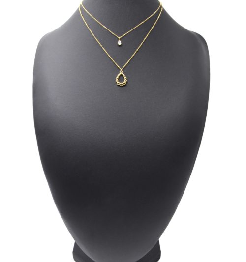 Collier-Double-Chaines-avec-Pierre-Blanche-et-Goutte-Contour-Billes-Acier-Dore