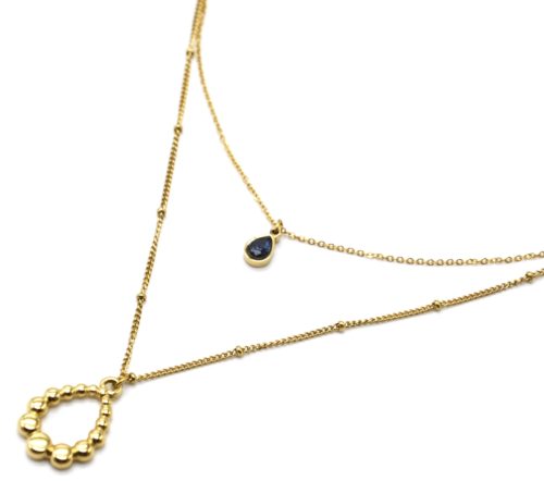 Collier-Double-Chaines-avec-Pierre-Bleue-et-Goutte-Contour-Billes-Acier-Dore