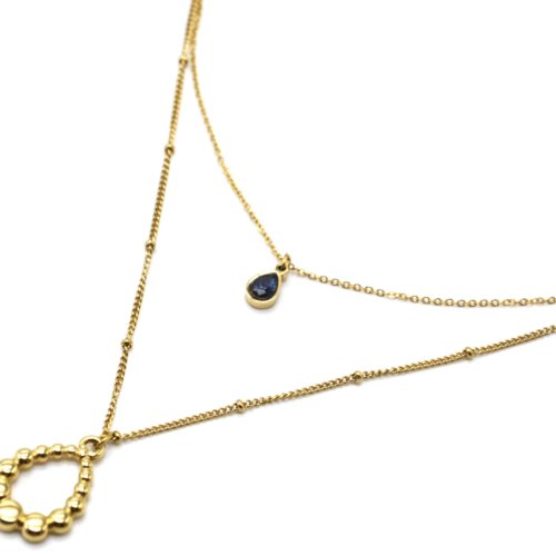 Collier-Double-Chaines-avec-Pierre-Bleue-et-Goutte-Contour-Billes-Acier-Dore