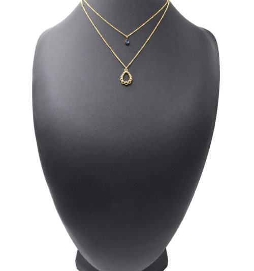 Collier-Double-Chaines-avec-Pierre-Bleue-et-Goutte-Contour-Billes-Acier-Dore