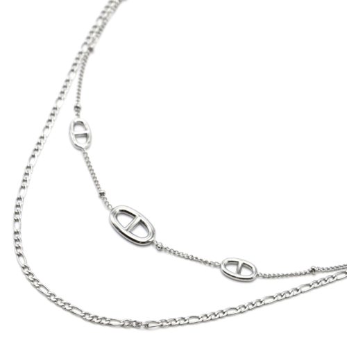 Collier-Double-Chaines-avec-Maillons-Ovales-Barres-Acier-Argente