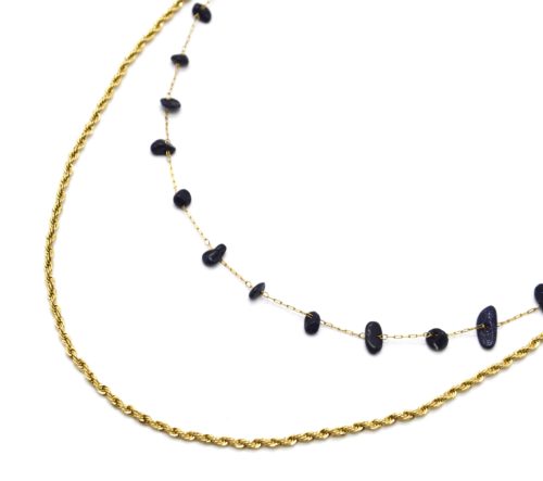 Collier-Double-Chaines-Torsadee-Acier-Dore-et-Pierres-Noires