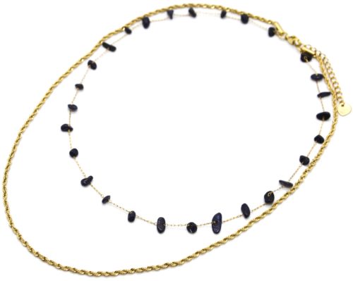 Collier-Double-Chaines-Torsadee-Acier-Dore-et-Pierres-Noires