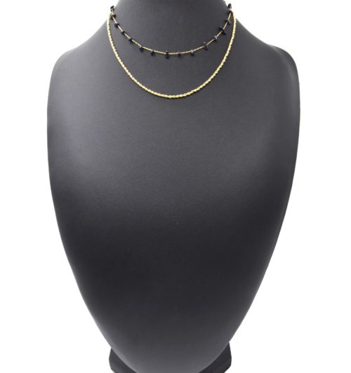Collier-Double-Chaines-Torsadee-Acier-Dore-et-Pierres-Noires
