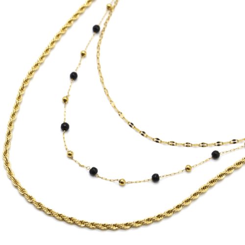 Collier-Triple-Chaines-Torsadee-Billes-Acier-Dore-et-Pierres-Noires