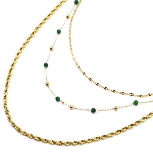 Collier-Triple-Chaines-Torsadee-Billes-Acier-Dore-et-Pierres-Vertes