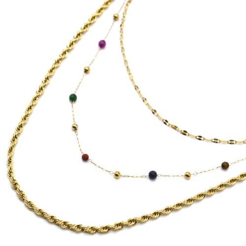 Collier-Triple-Chaines-Torsadee-Billes-Acier-Dore-et-Pierres-Multicolores