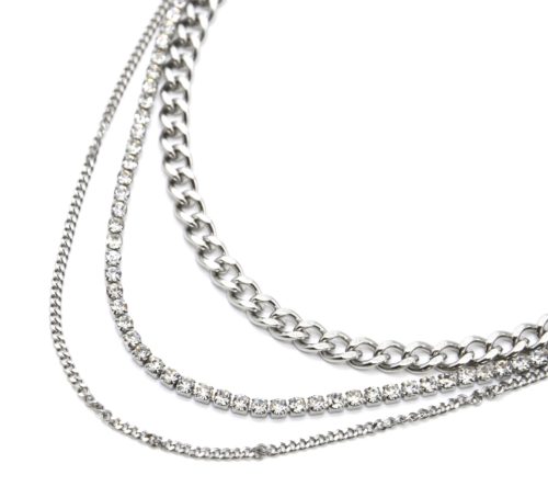 Collier-Triple-Chaines-avec-Maillons-et-Strass-Acier-Argente