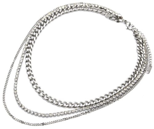 Collier-Triple-Chaines-avec-Maillons-et-Strass-Acier-Argente