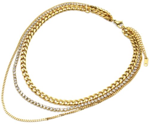 Collier-Triple-Chaines-avec-Maillons-et-Strass-Acier-Dore