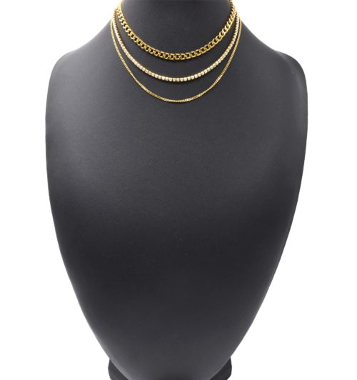 Collier-Triple-Chaines-avec-Maillons-et-Strass-Acier-Dore