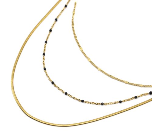 Collier-Triple-Chaines-Serpent-Ronde-Acier-Dore-et-Mini-Perles-Email-Noir
